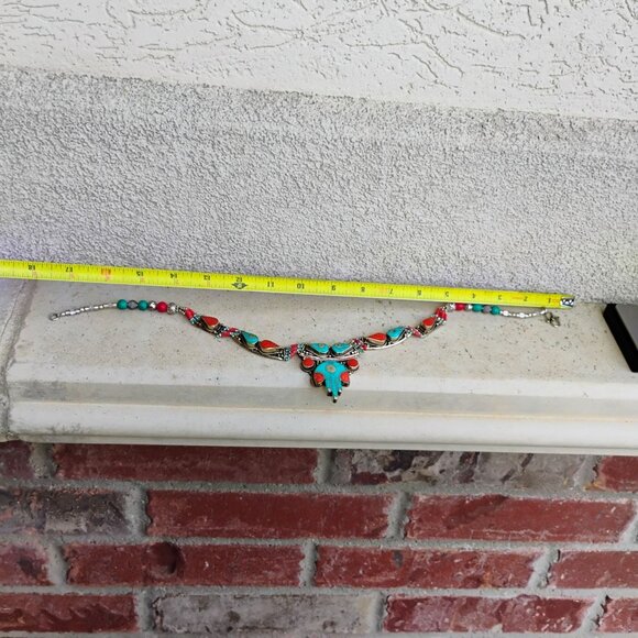 Handcrafted Tibetan Silver Collar Necklace w/Inlay Turquoise & Coral and Beads - Picture 7 of 8